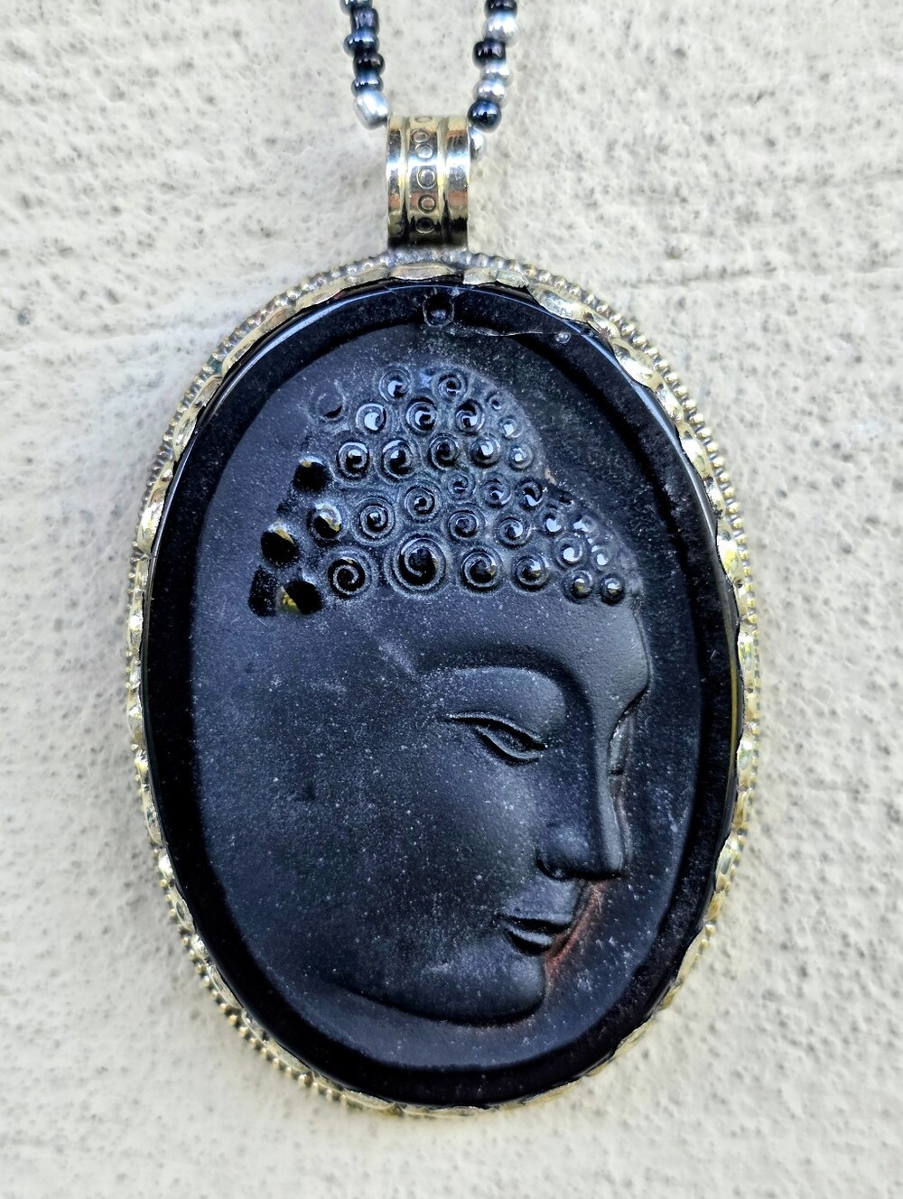 Black Matte Obsidion Buddah Tibetan Pendant W Black & Silver Beaded Chain (3")